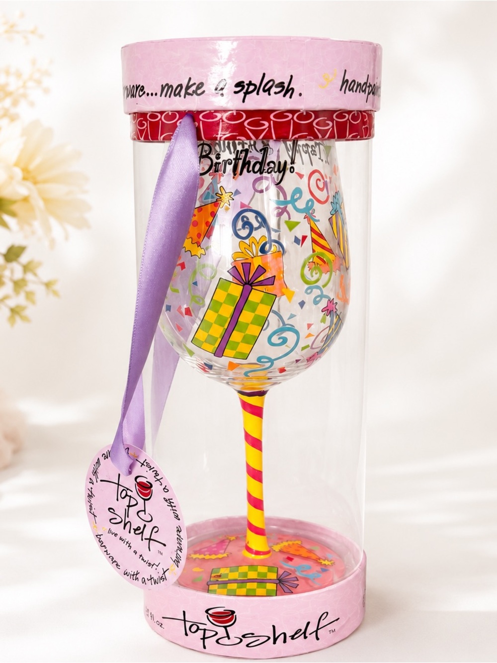 Top Shelf Happy Birthday Hand Painted Wine Glass w/ Gift Tube New Unused